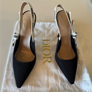 Dior J'Adior Black Technical Fabric Pointed Toe Logo Slingback Heels EU 38 US 8